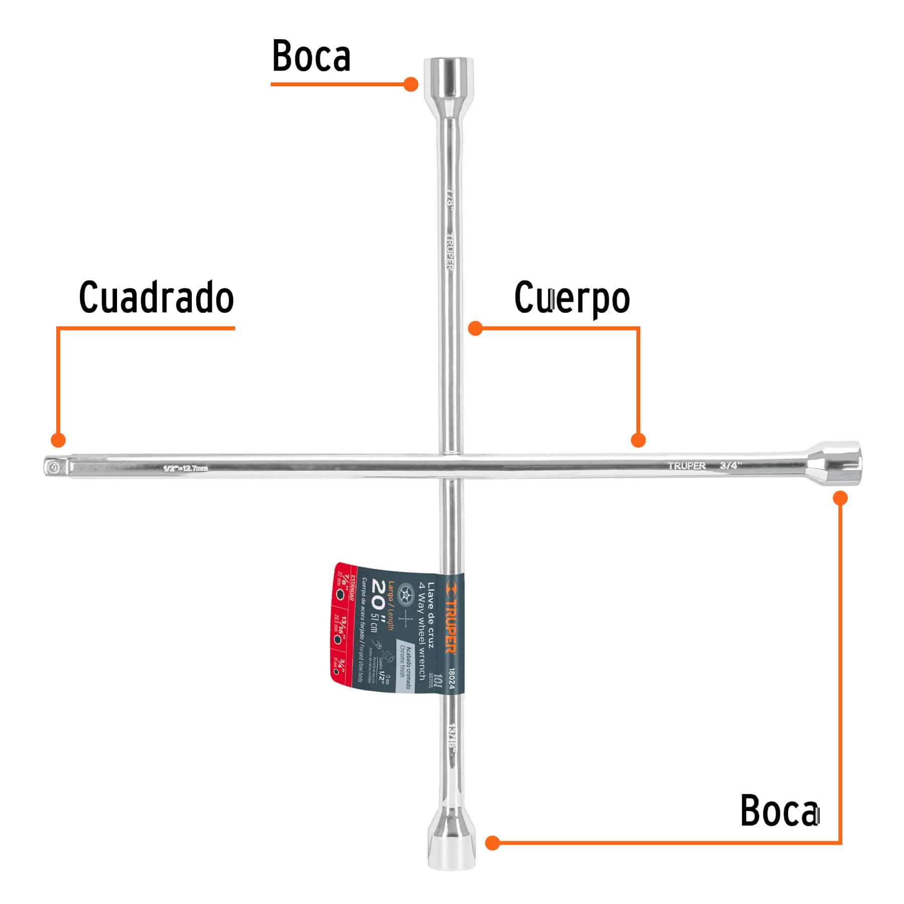 Cruceta para carro Truper con partes señaladas: dos bocas hexagonales, cuerpo de acero forjado y cuadro de 1/2 para copas