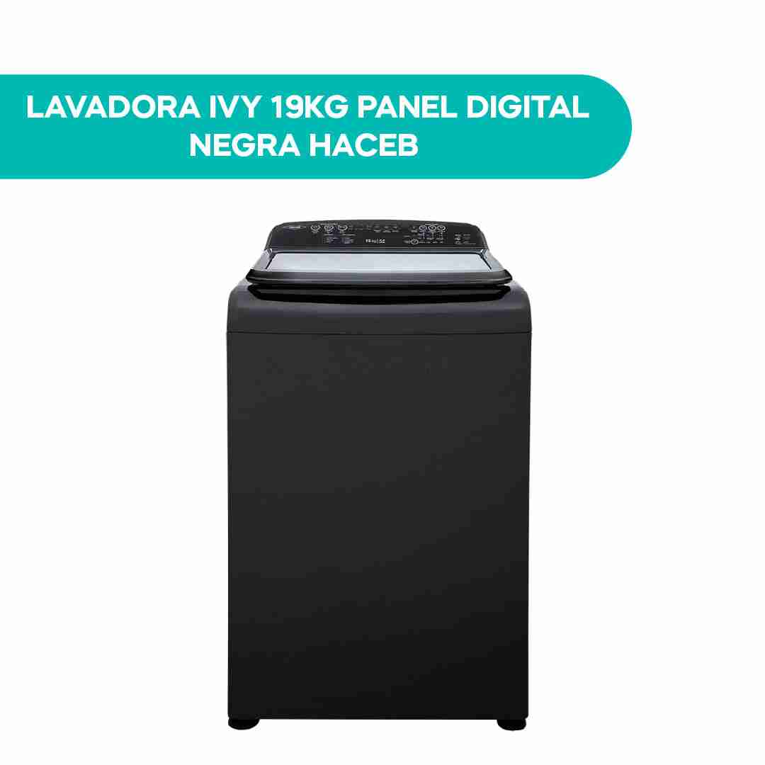 Lavadora Haceb 19 kg Ivy color negro vista frontal, con tapa superior y panel digital de control en la parte de arriba