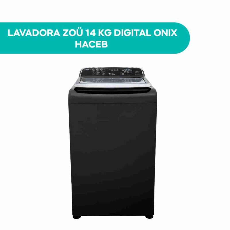 Lavadora Haceb Zoü 14 kg Digital Onix de carga superior en color negro con tapa transparente y panel de control digital