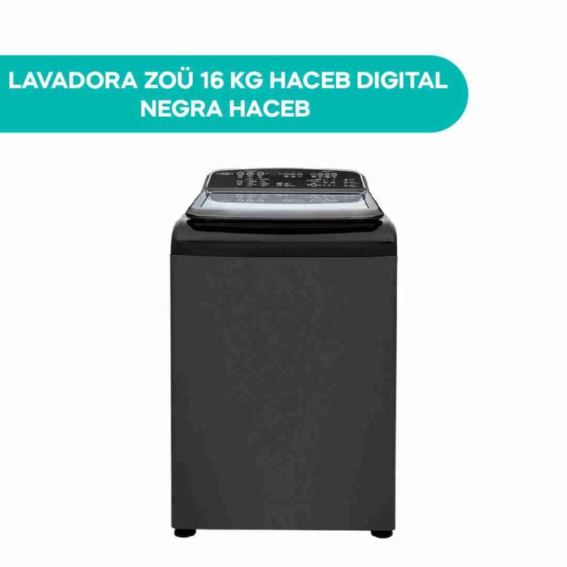 Lavadora Haceb 16 kg Zoü digital negra de carga superior, con panel de control digital y tapa transparente, vista frontal