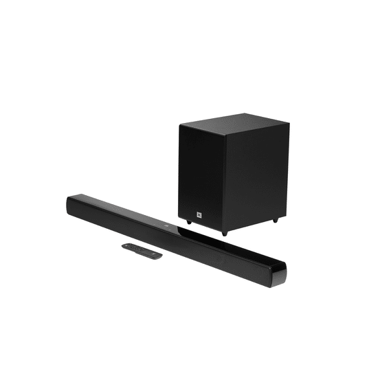 Barra de sonido para televisor JBL Cinema SB170 negra con subwoofer inalámbrico y control remoto sobre fondo blanco