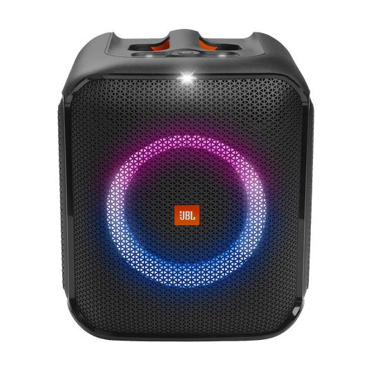 Parlante JBL original PartyBox Encore Essential vista frontal con anillo de luz LED rosado y azul encendido