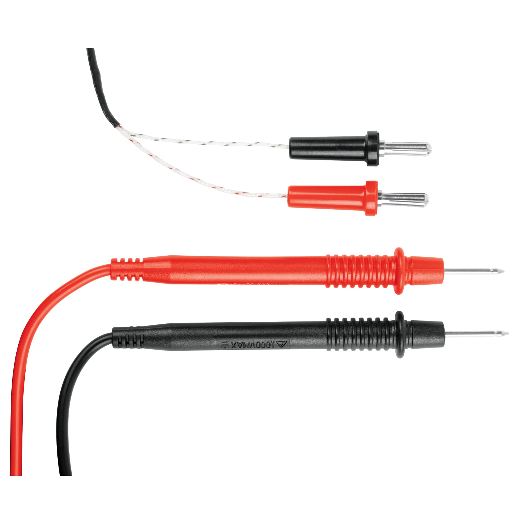 Puntas de prueba roja y negra de 1000 V y sonda termopar incluidas con el multímetro de gancho Truper MUT-202