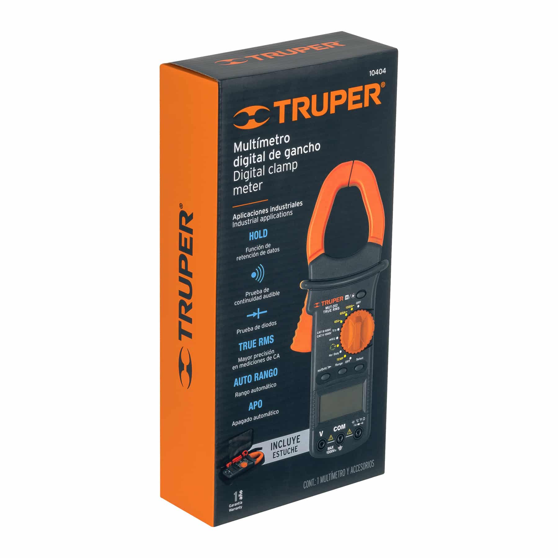 Caja del multímetro de gancho Truper 10404 con funciones Hold, True RMS, auto rango, apagado automático y prueba de diodos