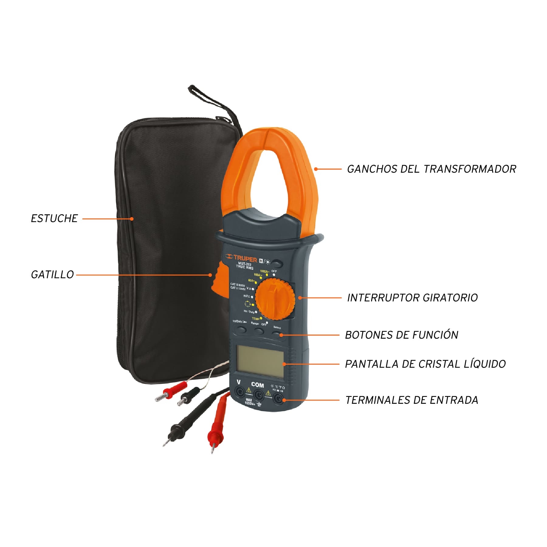 Partes del multímetro de gancho Truper: ganchos del transformador, gatillo, selector, botones, pantalla LCD y estuche