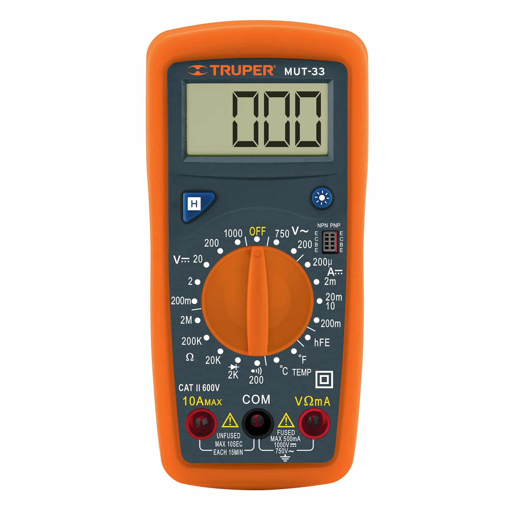 Polímetro digital Truper MUT-33 vista frontal con pantalla LCD, selector giratorio naranja y terminales de entrada