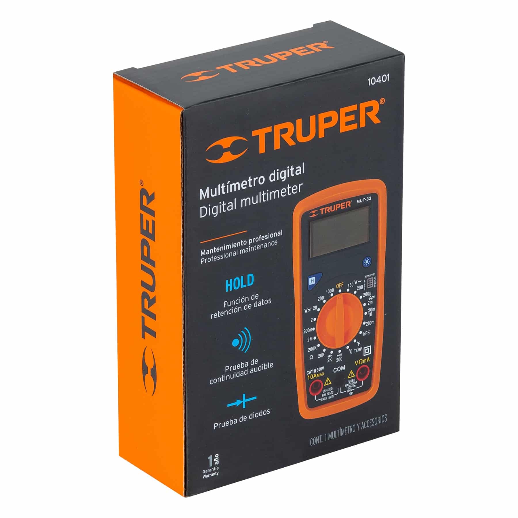 Empaque del polímetro digital Truper MUT-33 código 10401 con función HOLD, prueba de continuidad audible y de diodos