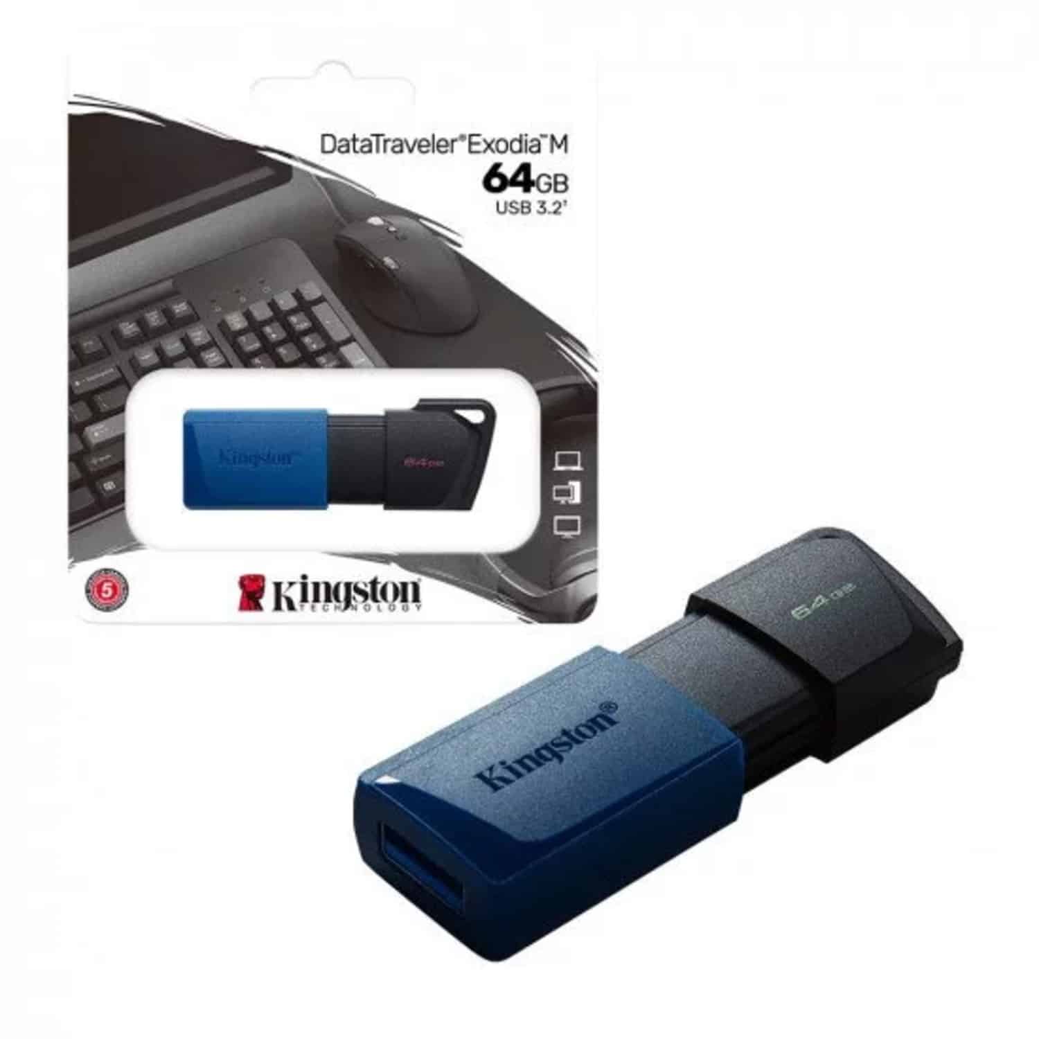 Memoria USB Kingston 64GB DataTraveler Exodia M junto a su empaque original de Kingston que indica 64GB USB 3.2