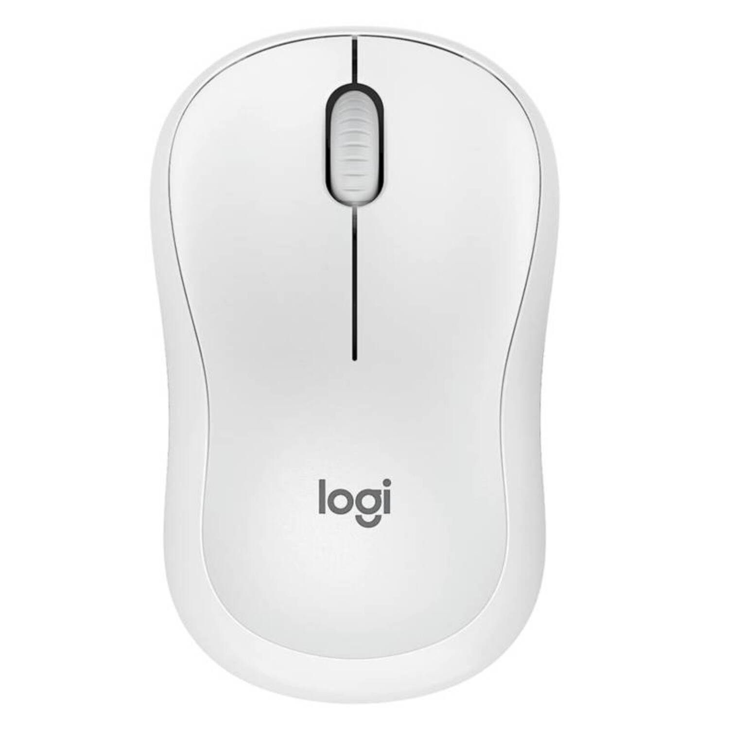 Mouse Bluetooth Logitech M240 Silent blanco en vista superior, diseño compacto ambidiestro con logo logi gris