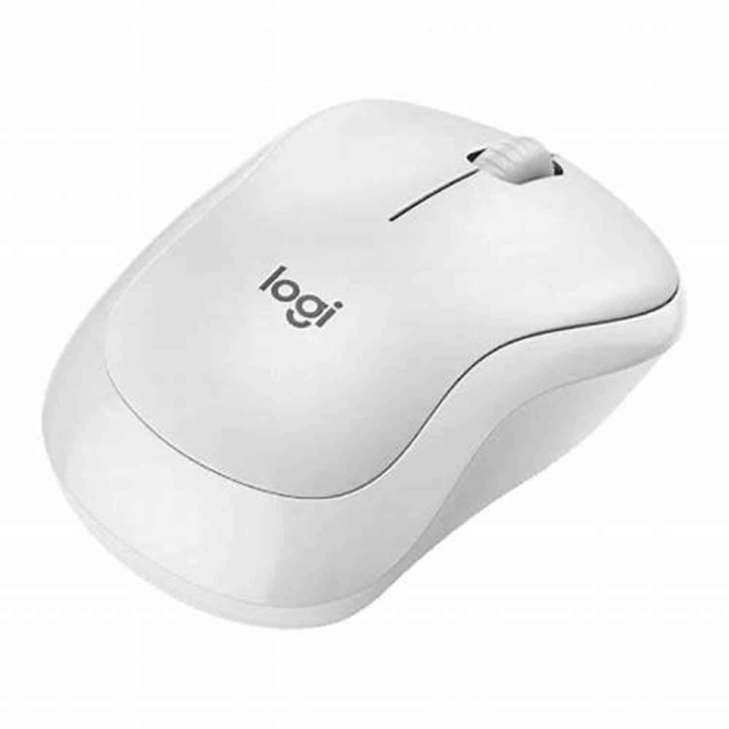 Mouse Bluetooth Logitech M240 Silent blanco en vista lateral que muestra su perfil contorneado para la mano