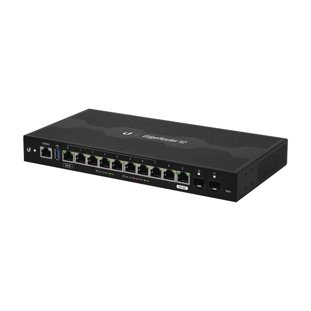 Router Ubiquiti EdgeRouter 12 negro en vista lateral con 10 puertos Gigabit Ethernet, 2 puertos SFP, consola y USB