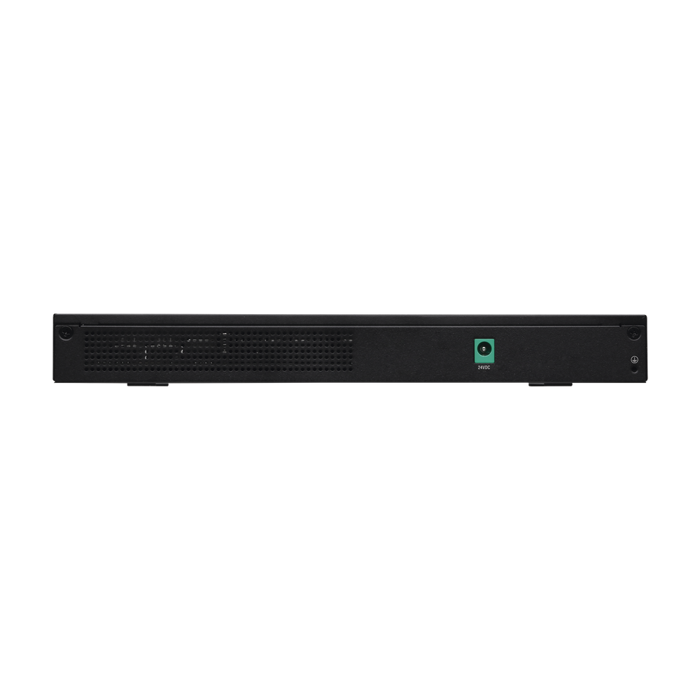 Router Ubiquiti EdgeRouter 12 visto por detrás con entrada de alimentación 24VDC, ventilación y toma a tierra