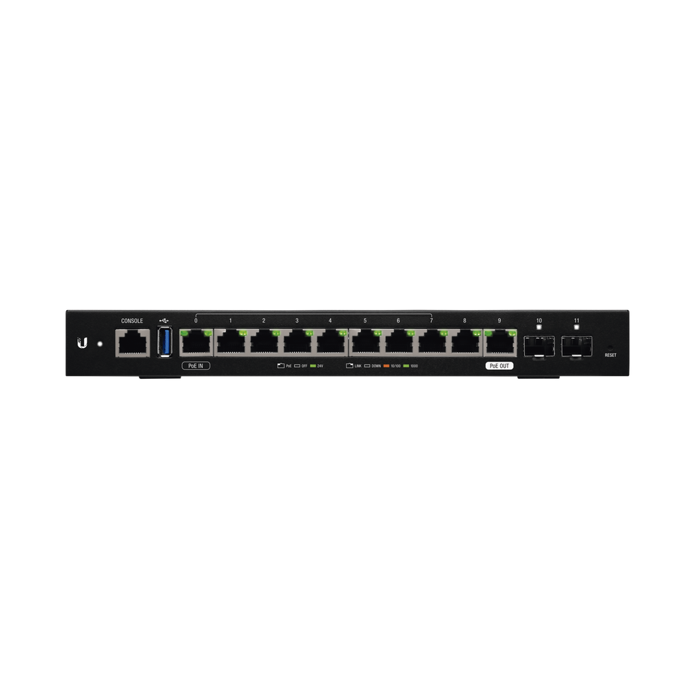 Router Ubiquiti EdgeRouter 12 visto de frente: puertos de consola, USB, 10 Gigabit con PoE IN y PoE OUT y 2 SFP