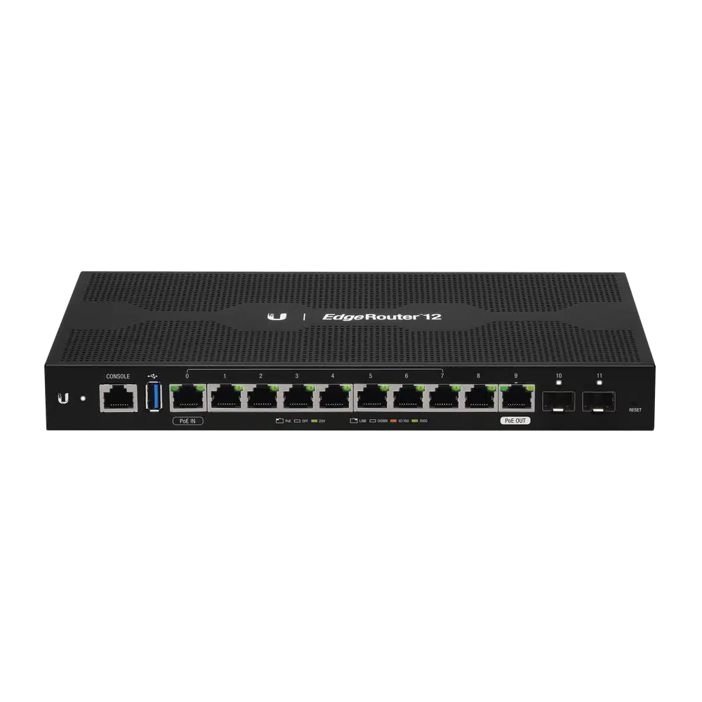 Router Ubiquiti EdgeRouter 12 en vista frontal superior con rejilla de ventilación y logo EdgeRouter 12 en la tapa