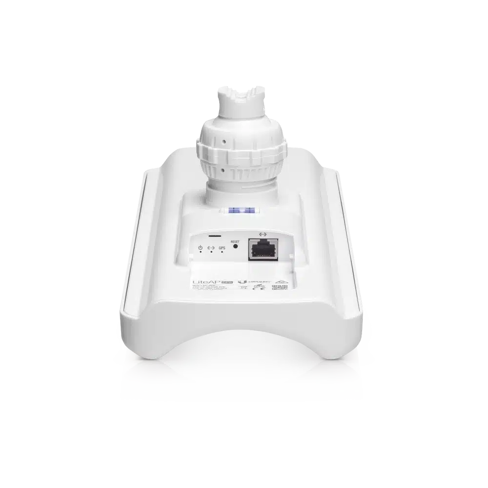 AP Ubiquiti LiteAP GPS vista inferior con puerto Ethernet RJ45, botón reset, LEDs de estado y nivel de burbuja