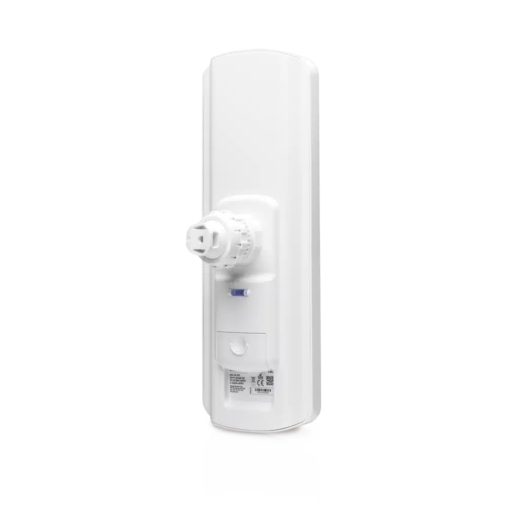 AP Ubiquiti LiteAP GPS vista posterior con soporte articulado para mástil, nivel de burbuja y etiqueta del equipo