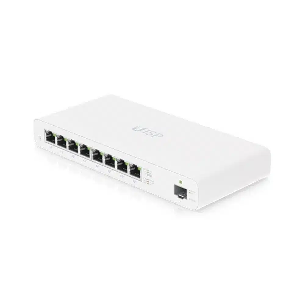 Router Ubiquiti UISP-R en vista lateral con logo UISP, 8 puertos Gigabit y ranura SFP en carcasa compacta blanca