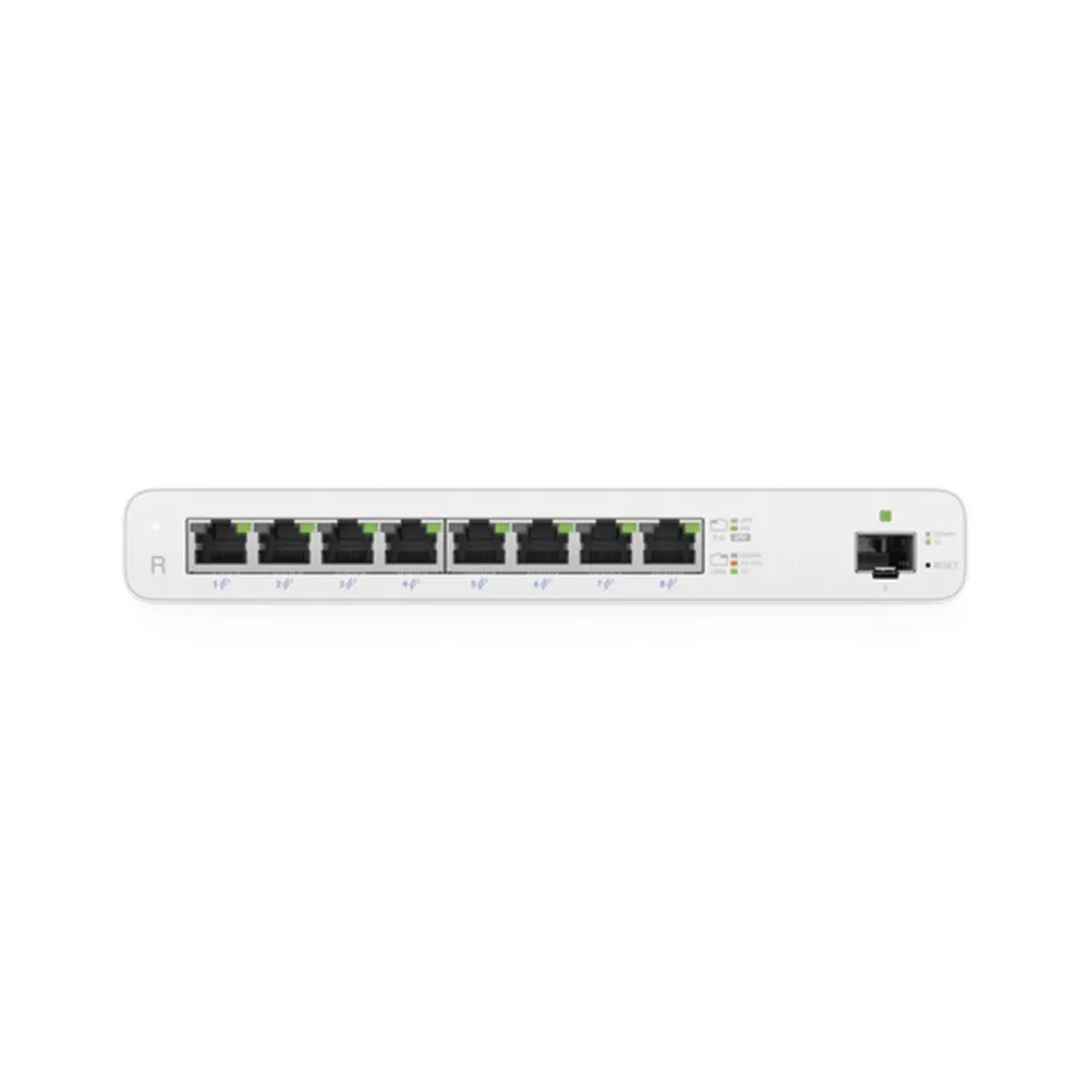 Router Ubiquiti UISP-R vista frontal con 8 puertos Gigabit Ethernet RJ45, puerto SFP, LED y botón reset