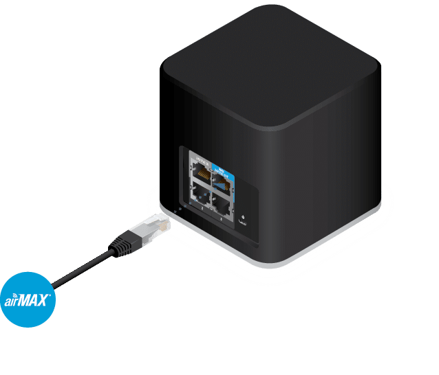 Access Point Ubiquiti airCube ACB-ISP vista trasera con puertos Ethernet y cable de red conectado, logo airMAX