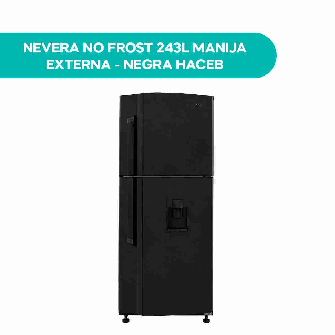 Nevera Haceb negra No Frost de 243 litros con dos puertas, manija externa vertical y dispensador de agua en la puerta