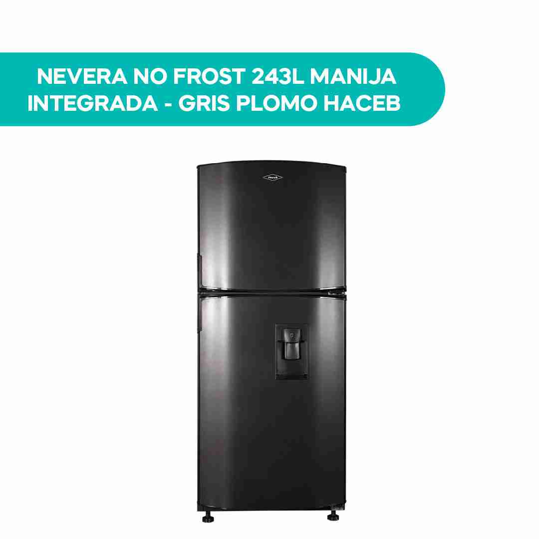 Nevera Haceb No Frost 243L gris plomo de dos puertas con manija integrada y dispensador de agua en la puerta, vista frontal