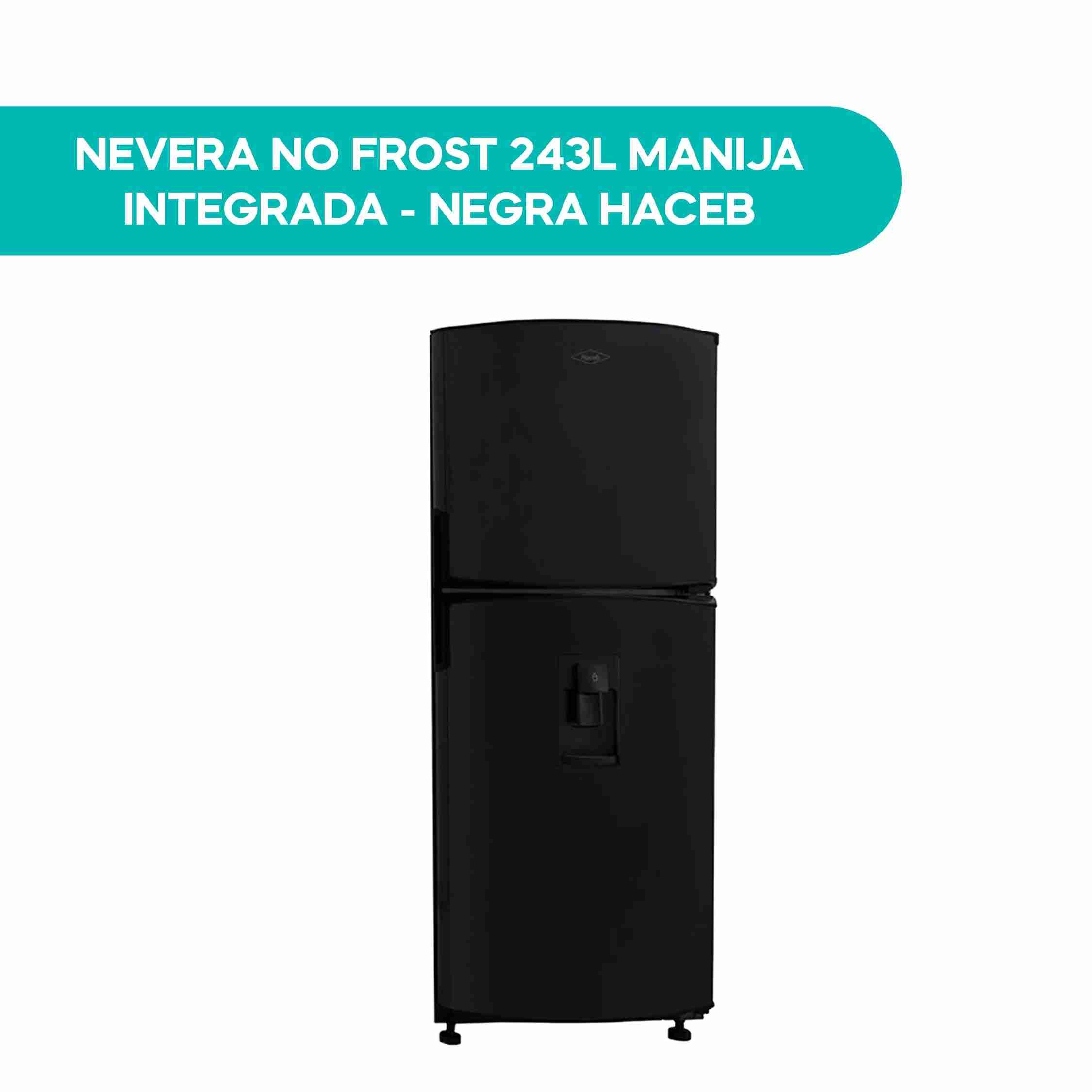 Nevera Haceb No Frost de 243 litros color negro con dos puertas, manija integrada y dispensador frontal en la puerta