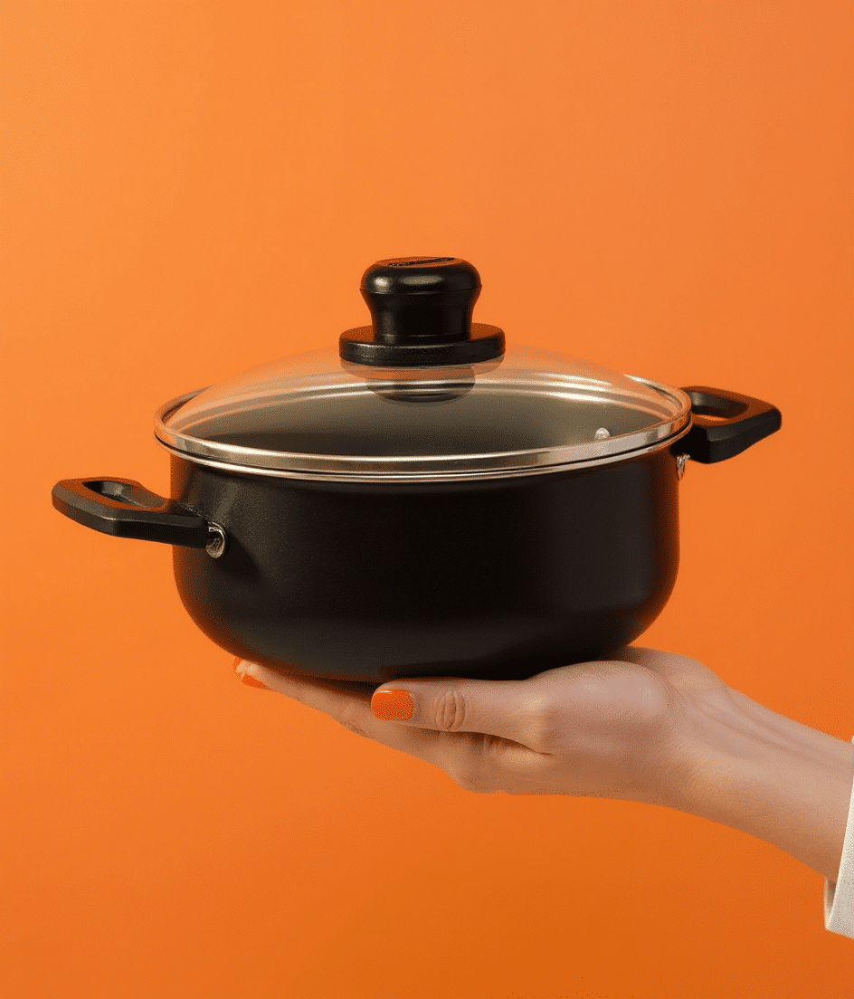 Olla antiadherente Universal 16 cm negra con tapa de vidrio templado, pomo negro y dos asas, sostenida en la mano