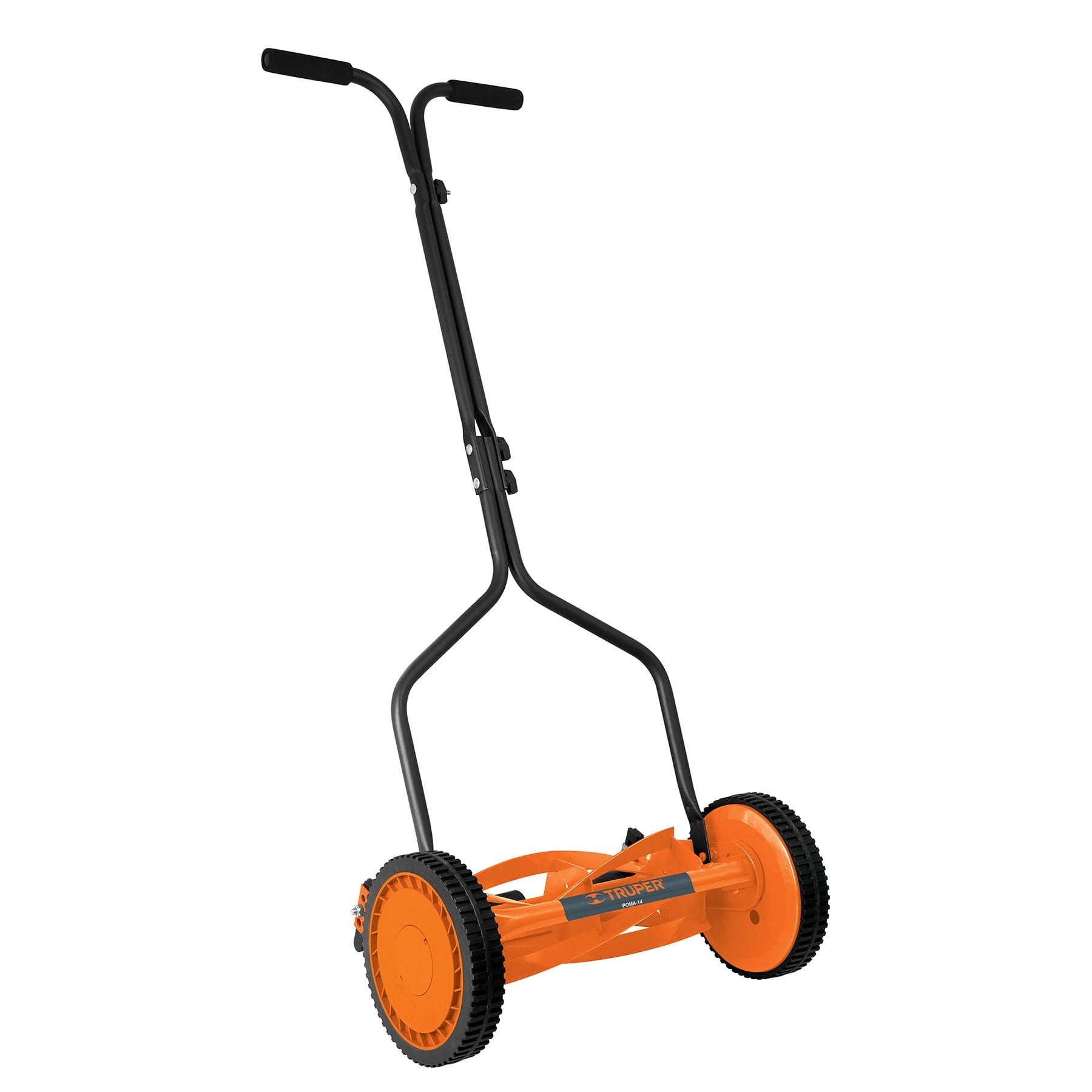 Podadora manual Truper POMA-14 de carrete naranja con mango negro doble y dos ruedas, vista completa en fondo blanco