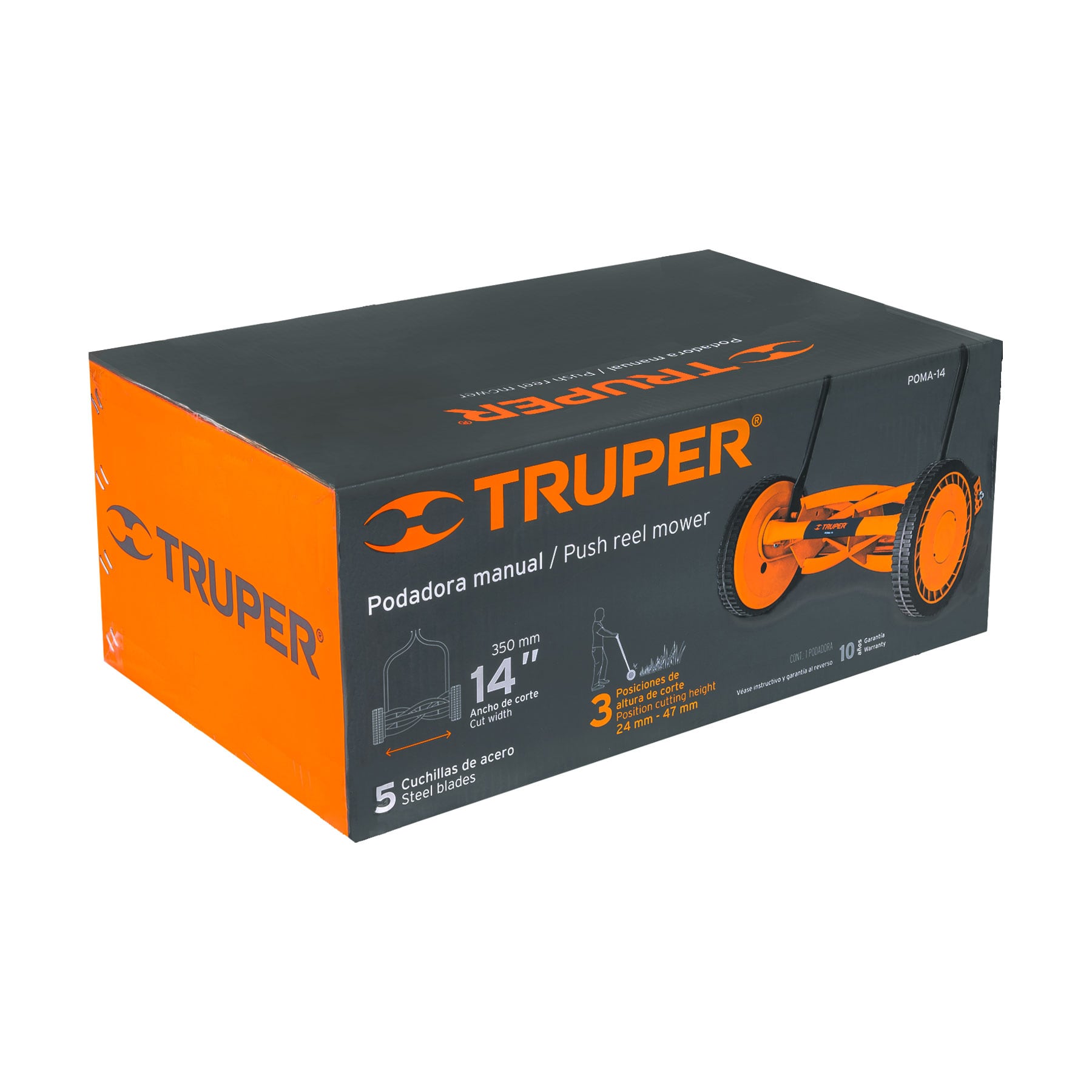 Caja de la podadora manual Truper POMA-14 con datos de 14 pulgadas, 5 cuchillas de acero y alturas de 24 a 47 mm