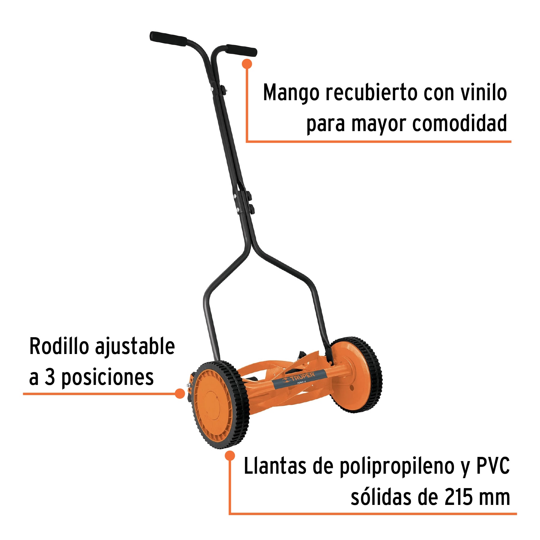 Podadora manual Truper POMA-14 con mango recubierto en vinilo, rodillo ajustable a 3 posiciones y llantas sólidas