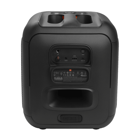 Parlante JBL original PartyBox Encore Essential vista trasera con panel de conexiones y agarre inferior