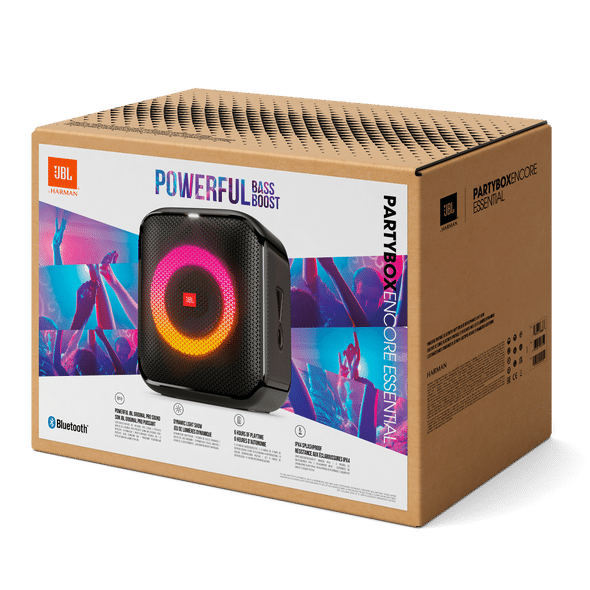 Empaque del parlante JBL original PartyBox Encore Essential con imagen del producto y logo de Bluetooth
