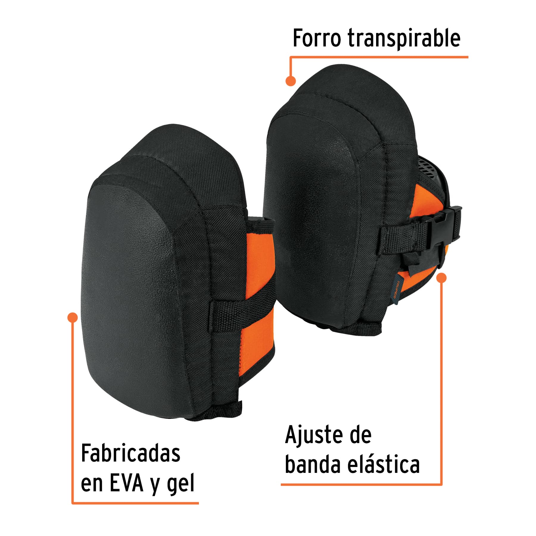 Rodilleras de trabajo Truper fabricadas en EVA y gel, con forro transpirable y ajuste de banda elástica naranja
