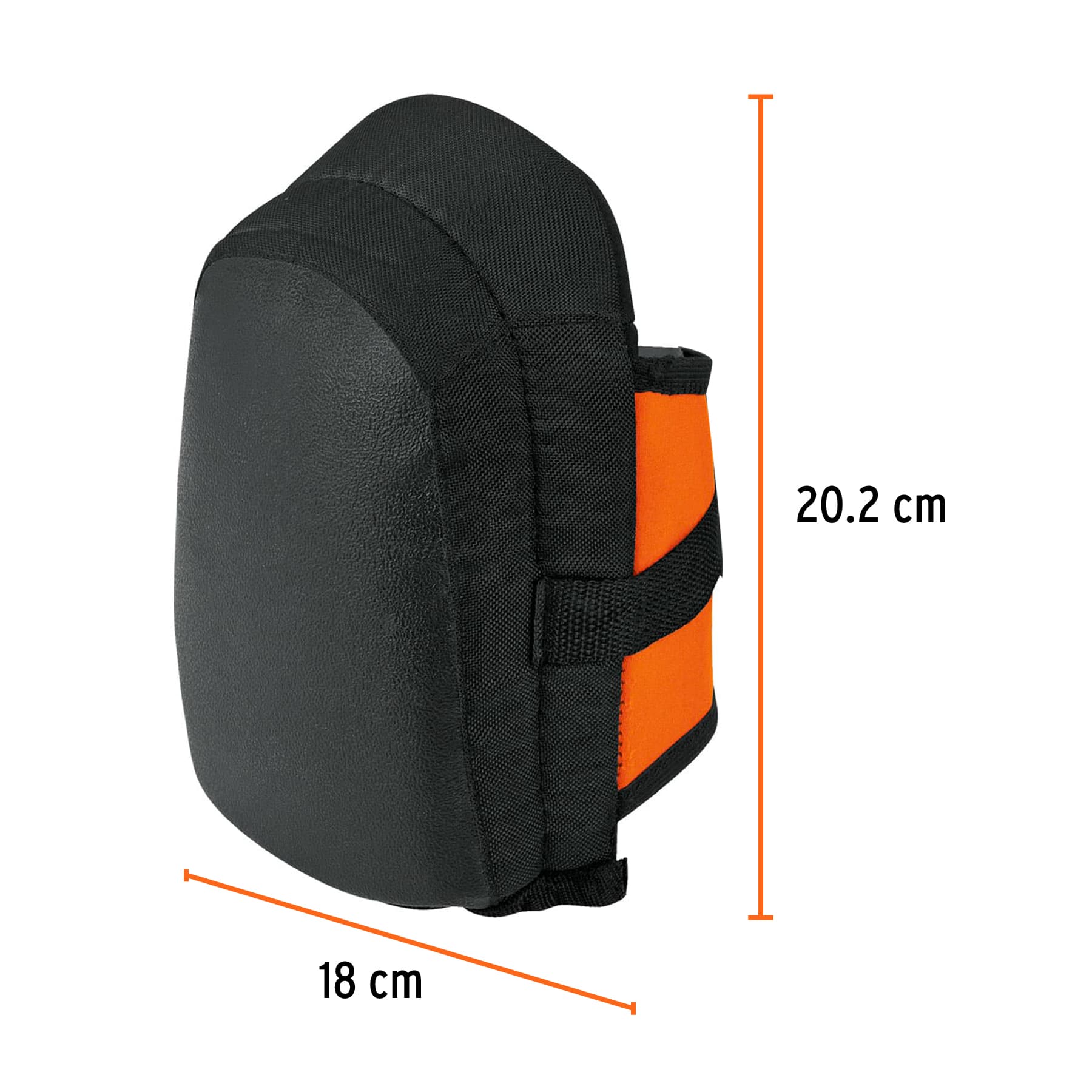 Medidas de las rodilleras de trabajo Truper ROD-L: 20.2 cm de alto por 18 cm de ancho, con copa de EVA texturizada