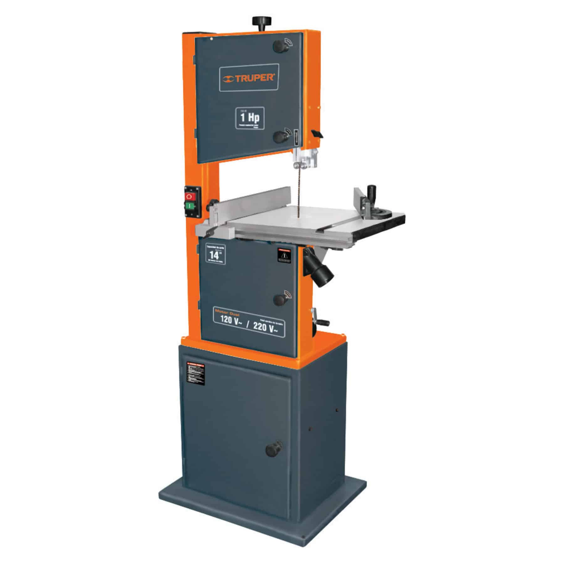 Sierra sin fin Truper de 14 pulgadas y 1 HP con gabinete, mesa de trabajo, guía de inglete y cerca de corte, vista completa