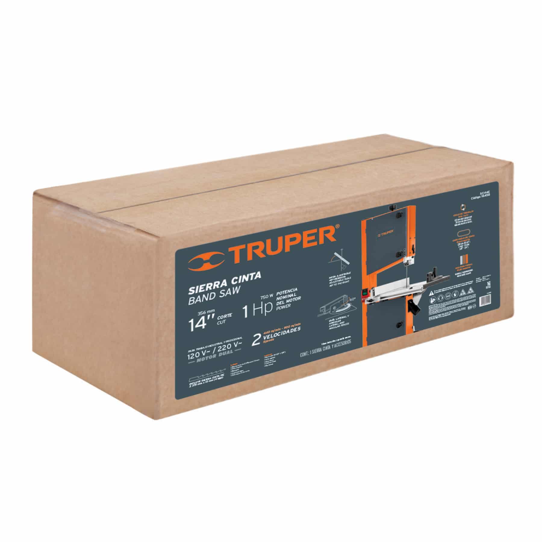 Caja de la sierra sin fin Truper SCI-14E de 14 pulgadas, 1 HP y 750 W con motor dual 120/220 V y dos velocidades de corte