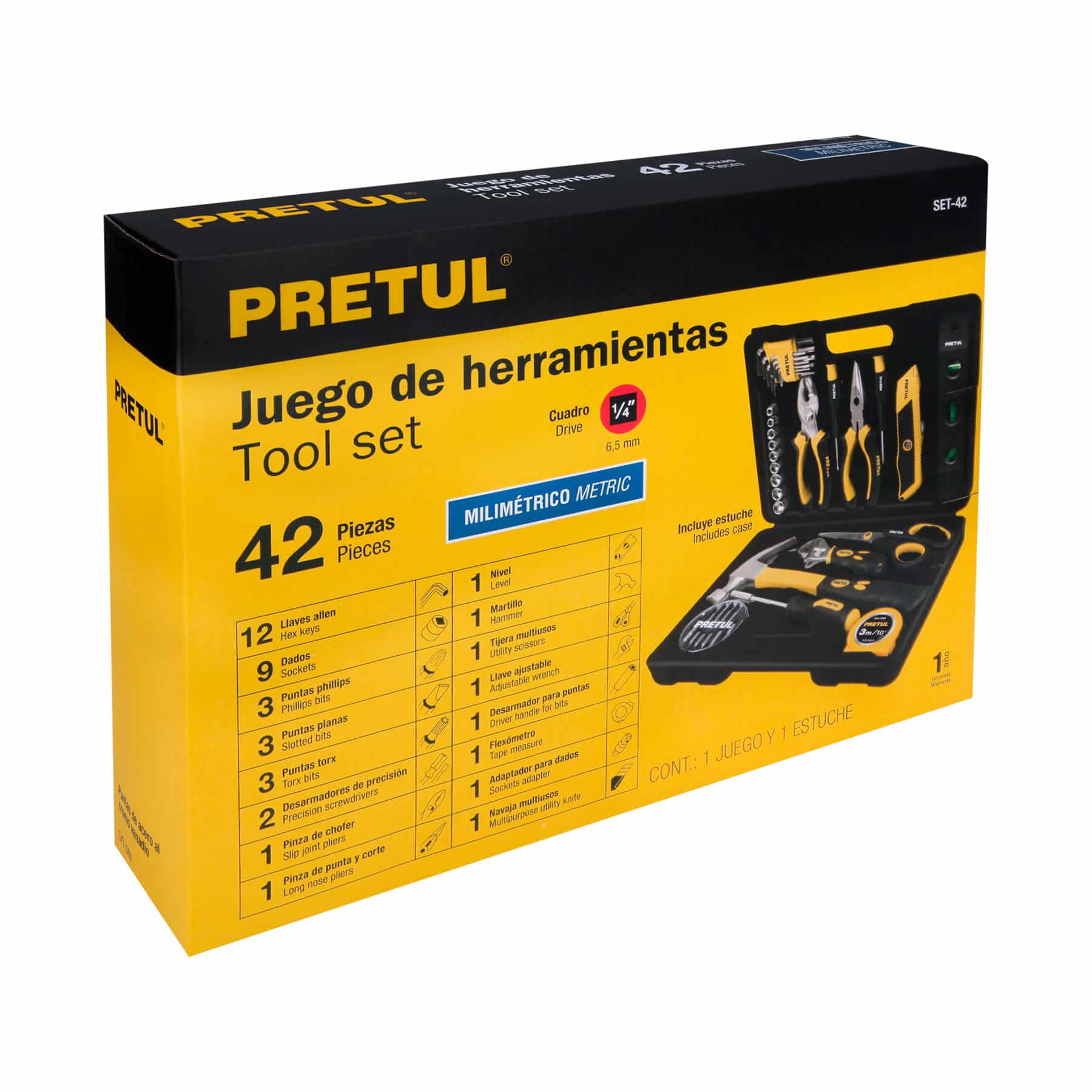 Caja del juego de herramientas 42 piezas Pretul SET-42 con lista de contenido, cuadro 1/4 pulgada y sistema milimétrico