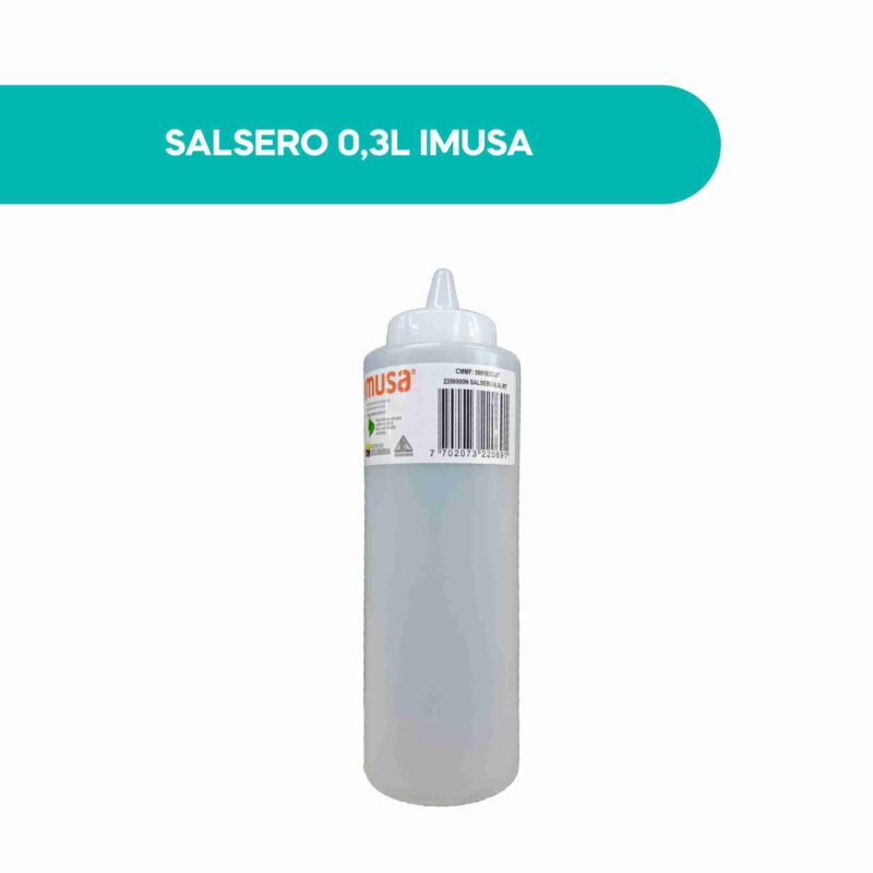 Salsera de plástico Imusa de 0.3 L translúcida con tapa de boquilla dosificadora y etiqueta Hecho en Colombia
