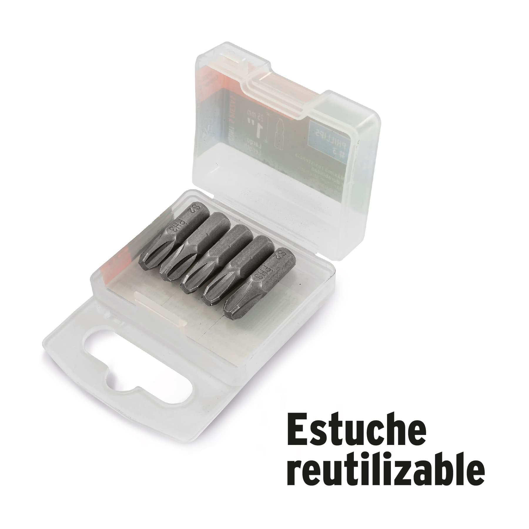 Estuche reutilizable transparente del juego de puntas planas Truper Expert, abierto y con puntas en su interior
