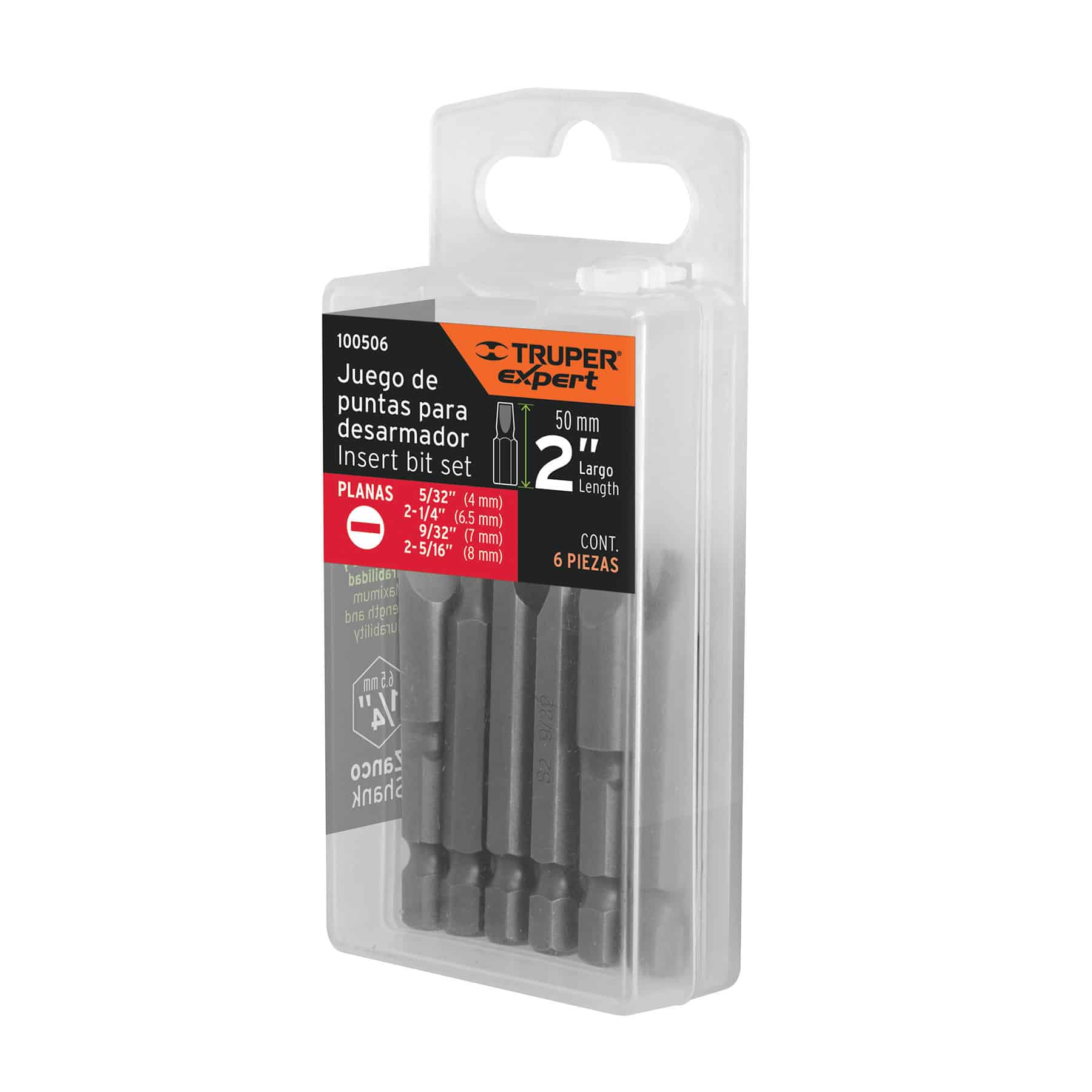 Empaque del juego de puntas planas Truper Expert 100506 de 2 pulgadas (50 mm) con 6 piezas en estuche colgable