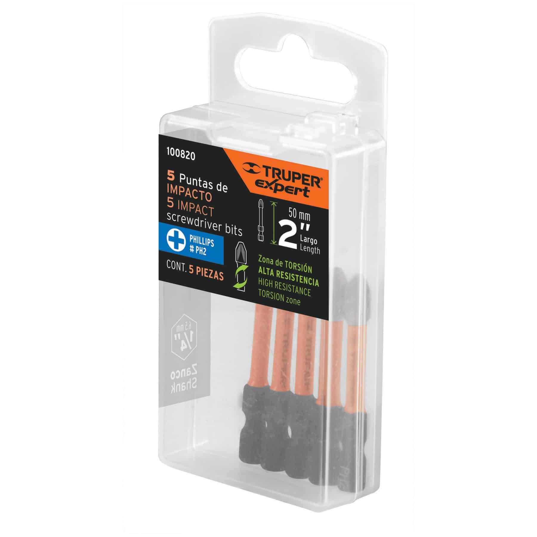 Empaque de puntas de impacto PH2 Truper Expert, juego de 5 piezas Phillips de 2 pulgadas en estuche colgable