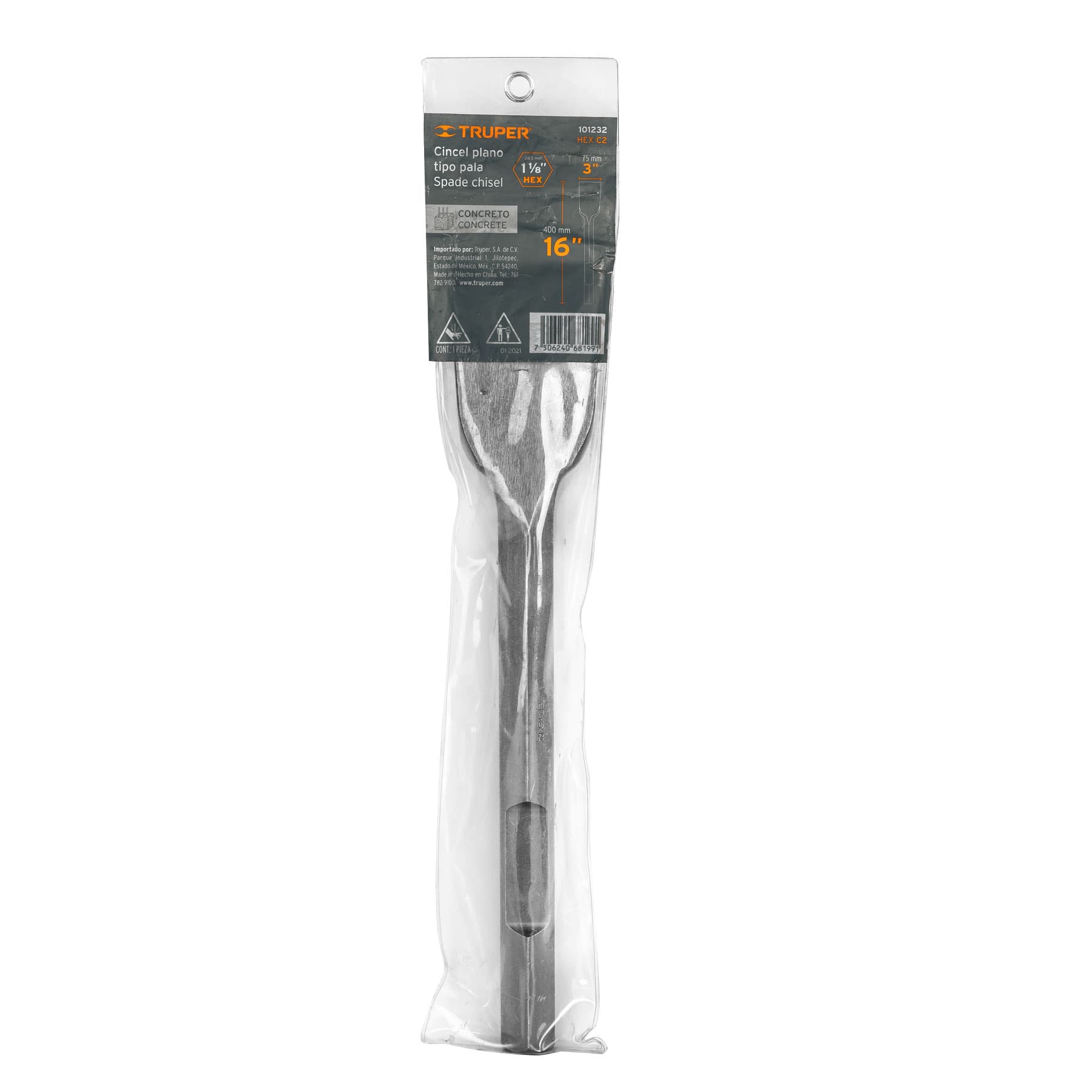 Cincel pala para demoledor Truper HEX-C2 en empaque plástico, etiqueta indica 400 mm de largo y uso en concreto