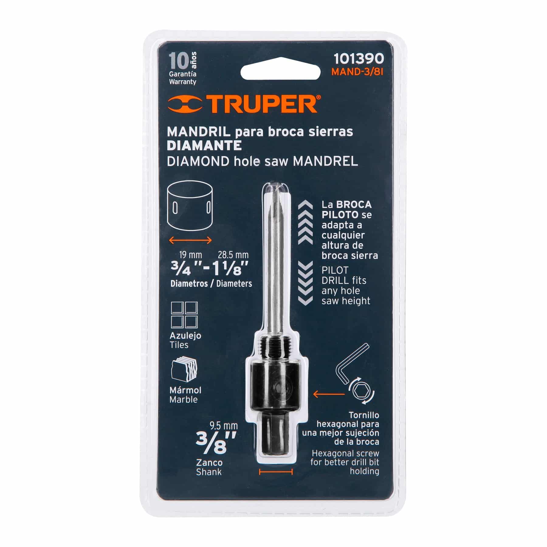 Mandril para brocasierra diamante Truper 101390 en blíster con diámetros de 3/4 a 1 1/8 para azulejo y mármol