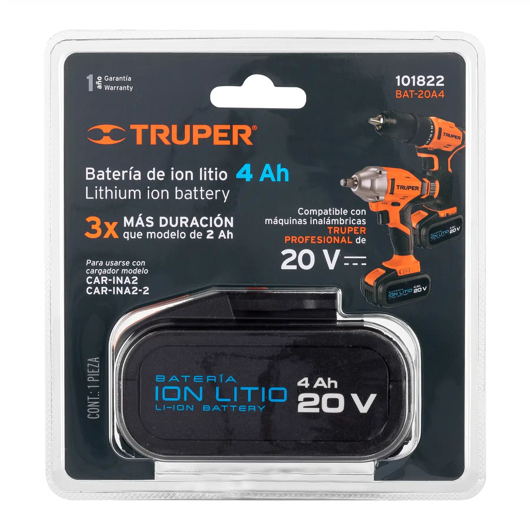 Batería de litio 20V Truper BAT-20A4 en su blíster, compatible con taladro y llave de impacto Truper Profesional