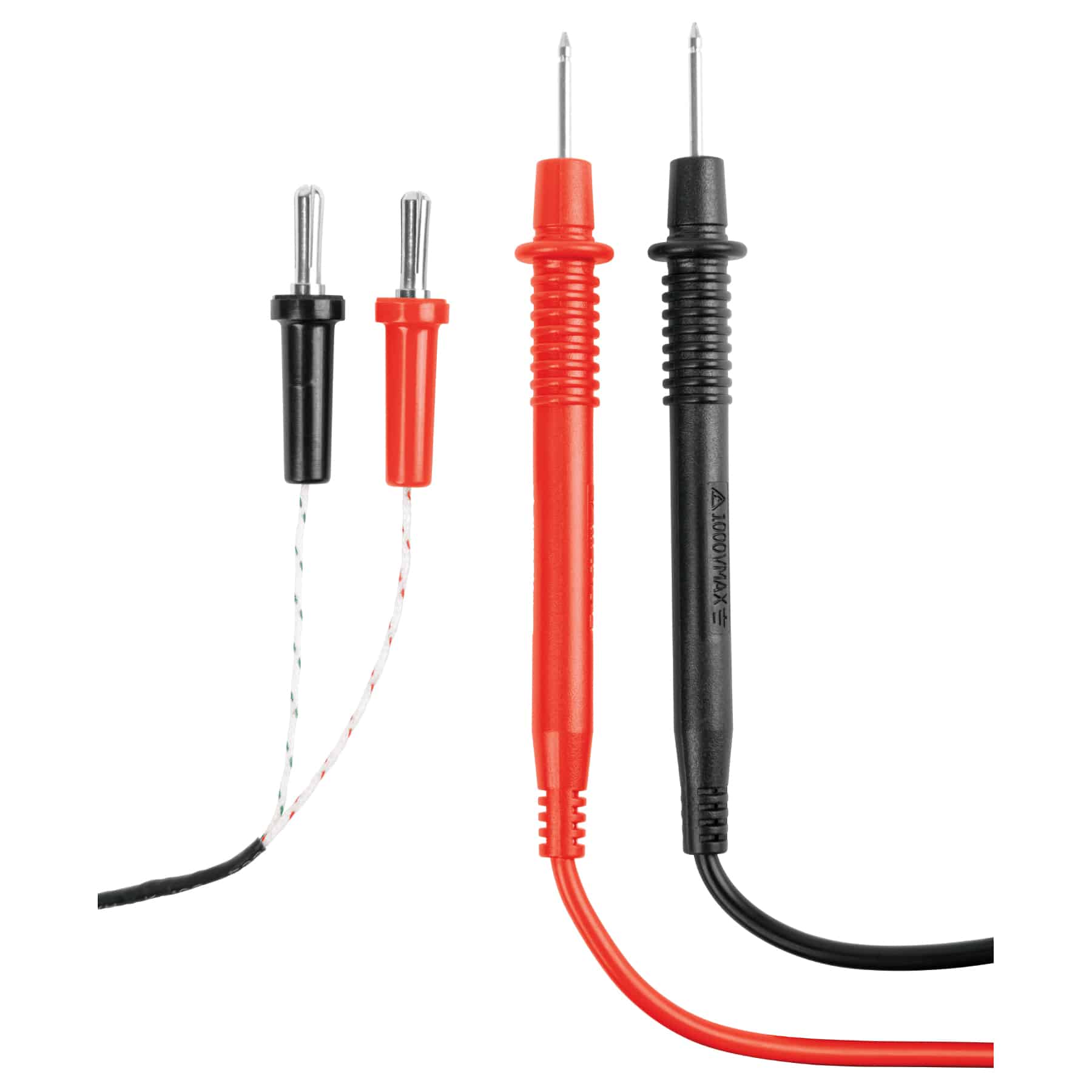 Puntas de prueba roja y negra y sonda termopar incluidas con el polímetro digital Truper MUT-33 para medir temperatura