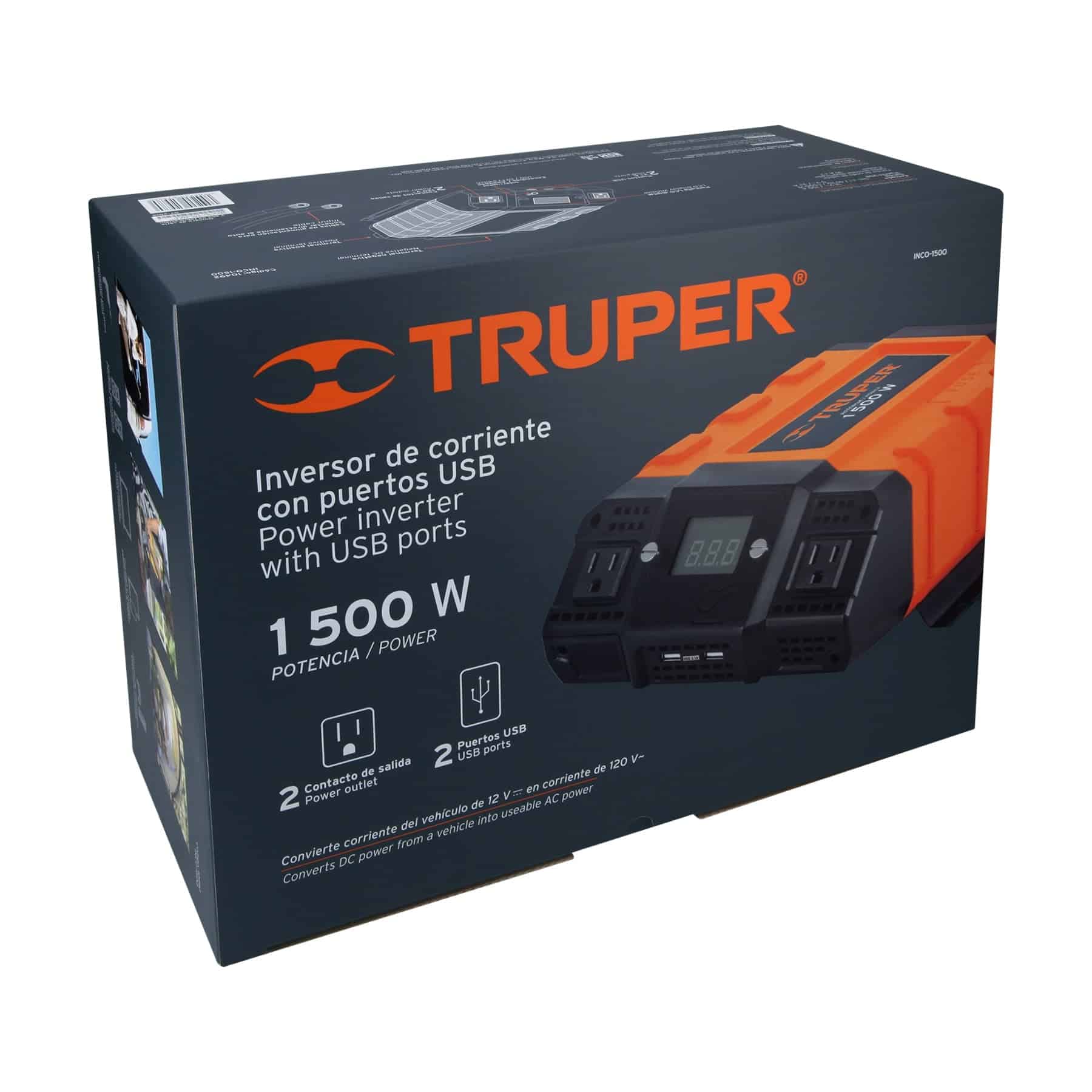 Caja del inversor de corriente 1500W Truper con puertos USB, empaque que indica 2 tomas de salida y entrada de 12 V