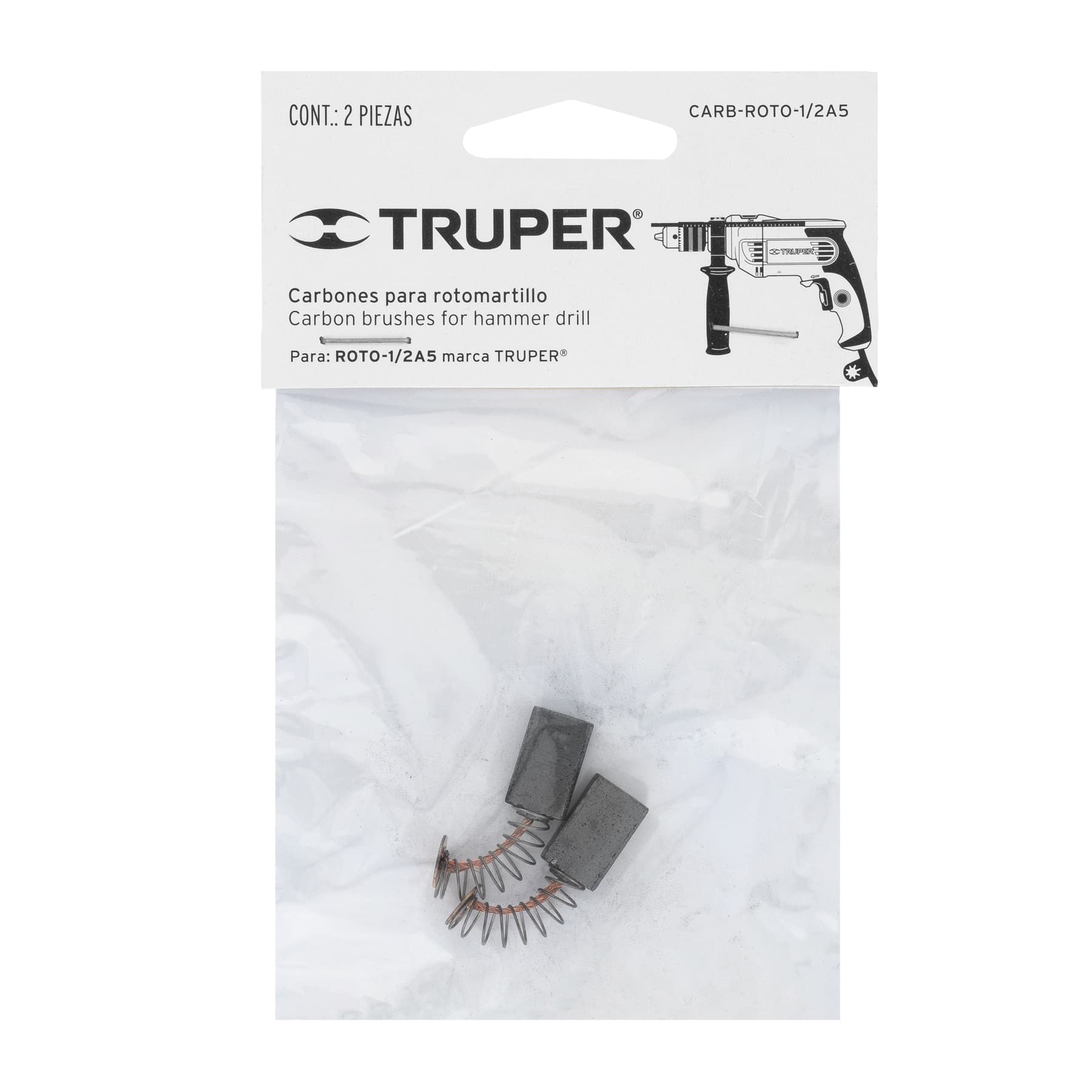 Empaque Truper de 2 carbones para rotomartillo ROTO-1/2A5, código CARB-ROTO-1/2A5, en bolsa con cabezal impreso