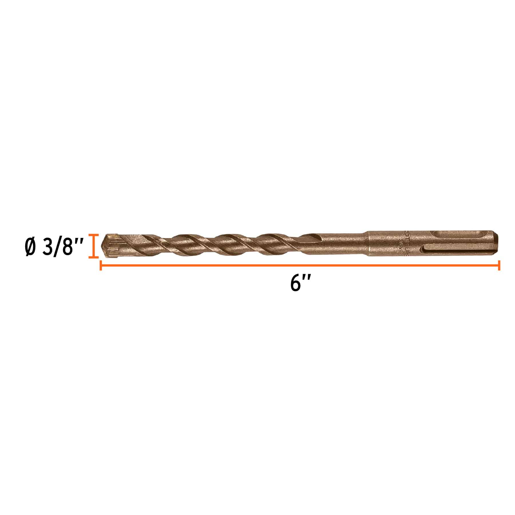 Medidas de la broca SDS Plus 3/8 Truper: diámetro de 3/8 de pulgada y largo total de 6 pulgadas para perforar concreto