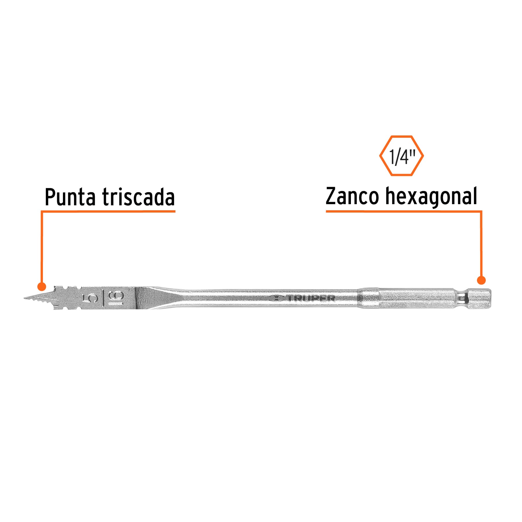 Broca para madera 5/16 Truper con señalización de punta triscada y zanco hexagonal de 1/4 de cambio rápido