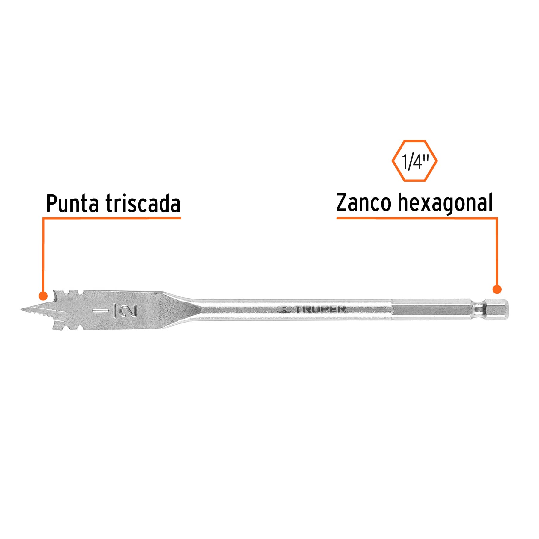 Broca para madera 1/2 Truper en posición horizontal con señalización de punta triscada y zanco hexagonal de 1/4 pulgada
